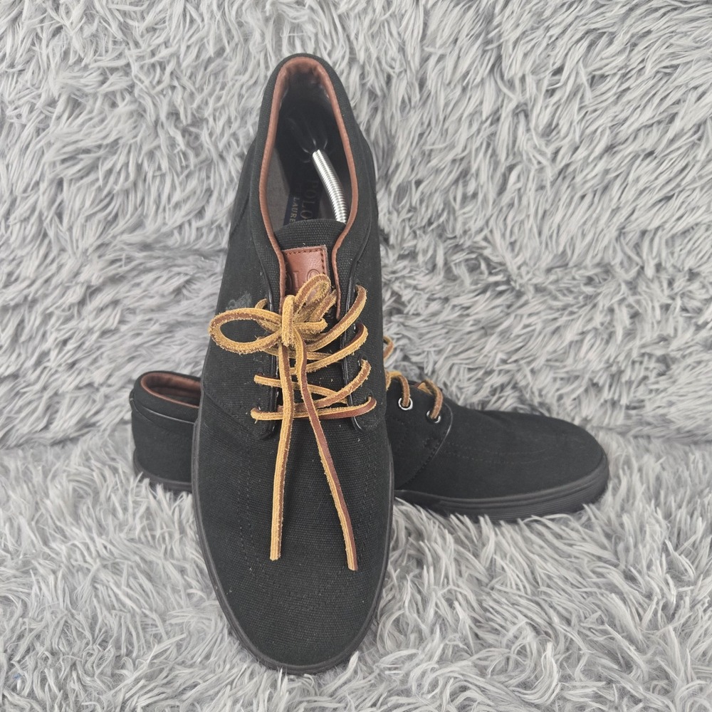 Polo Ralph Lauren Mens 13 Triple Black Faxon Low‎ Canvas Leather Lace Sneakers